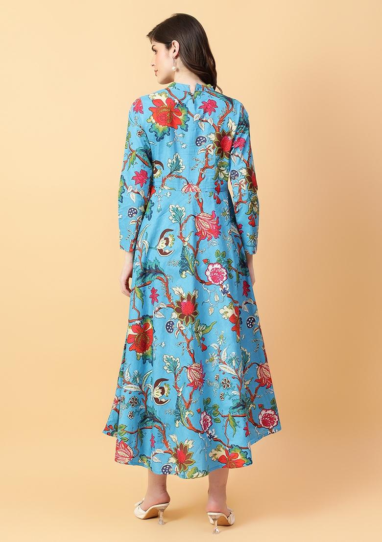 Turquoise Blue Printed Cotton Dress
