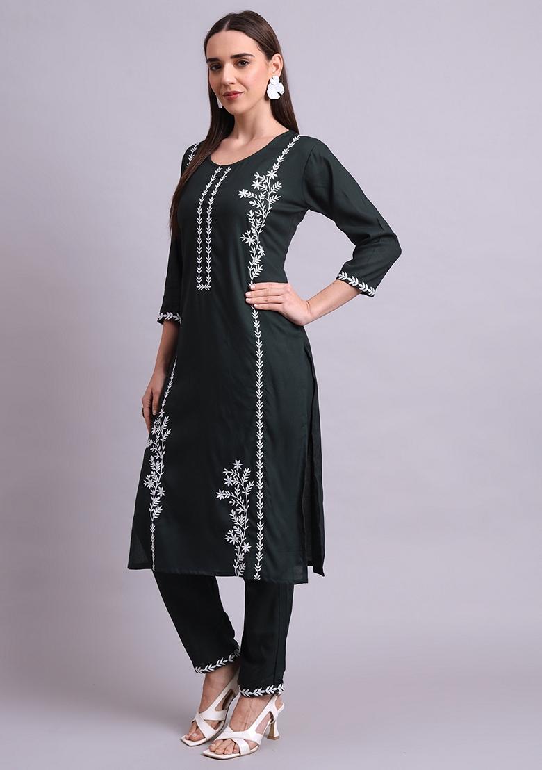 Green Embroidered Cotton Salwar Kameez