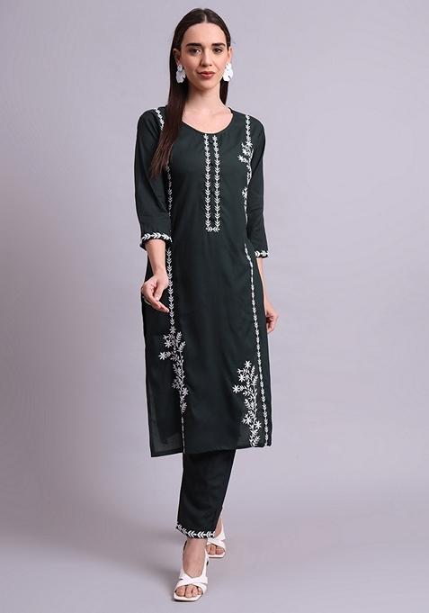 Green Embroidered Cotton Salwar Kameez