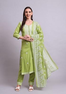 Green Embroidered Cotton Salwar Kameez With Dupatta