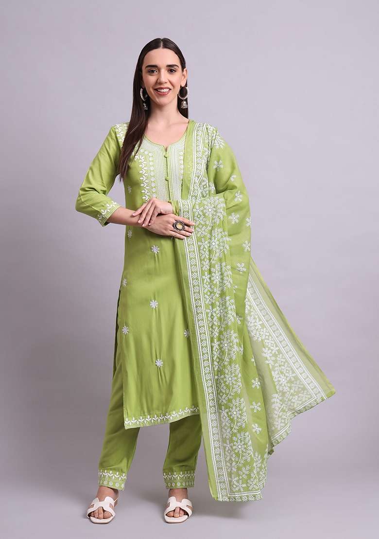 Green Embroidered Cotton Salwar Kameez With Dupatta - Indya