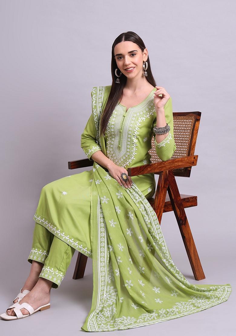 Green Embroidered Cotton Salwar Kameez With Dupatta