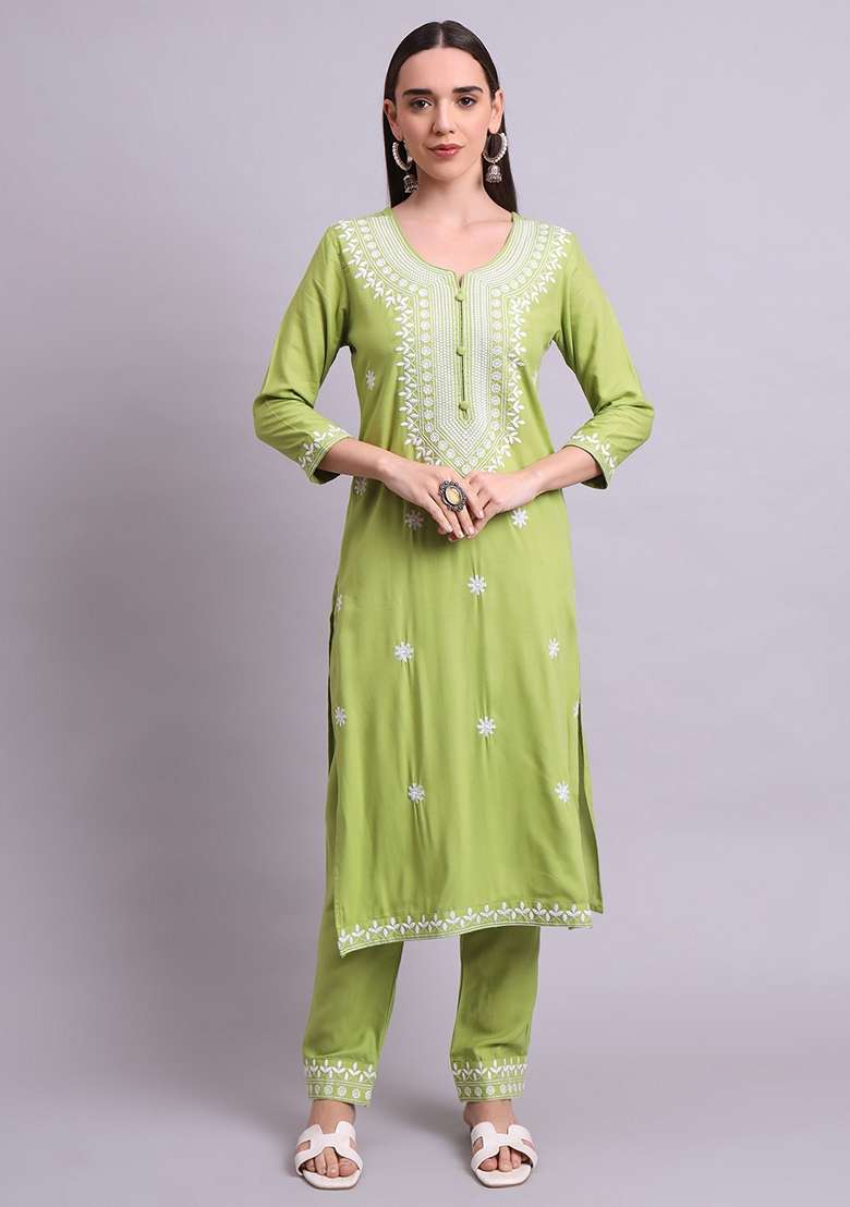 Green Embroidered Cotton Salwar Kameez With Dupatta - Indya