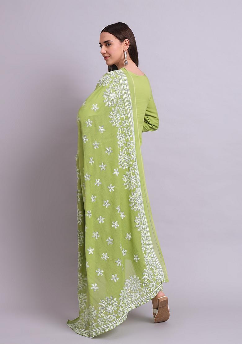 Green Embroidered Cotton Salwar Kameez With Dupatta
