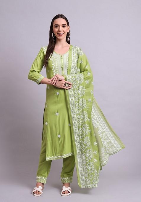 Green Embroidered Cotton Salwar Kameez With Dupatta