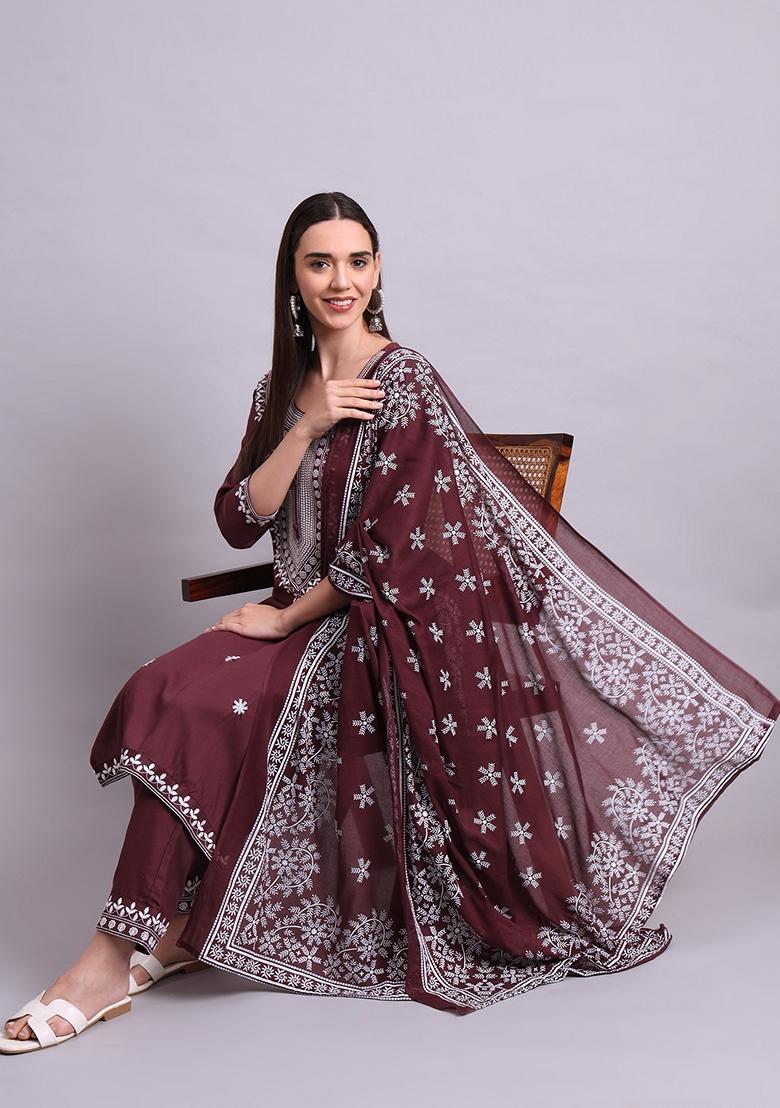 Brown Embroidered Cotton Salwar Kameez With Dupatta