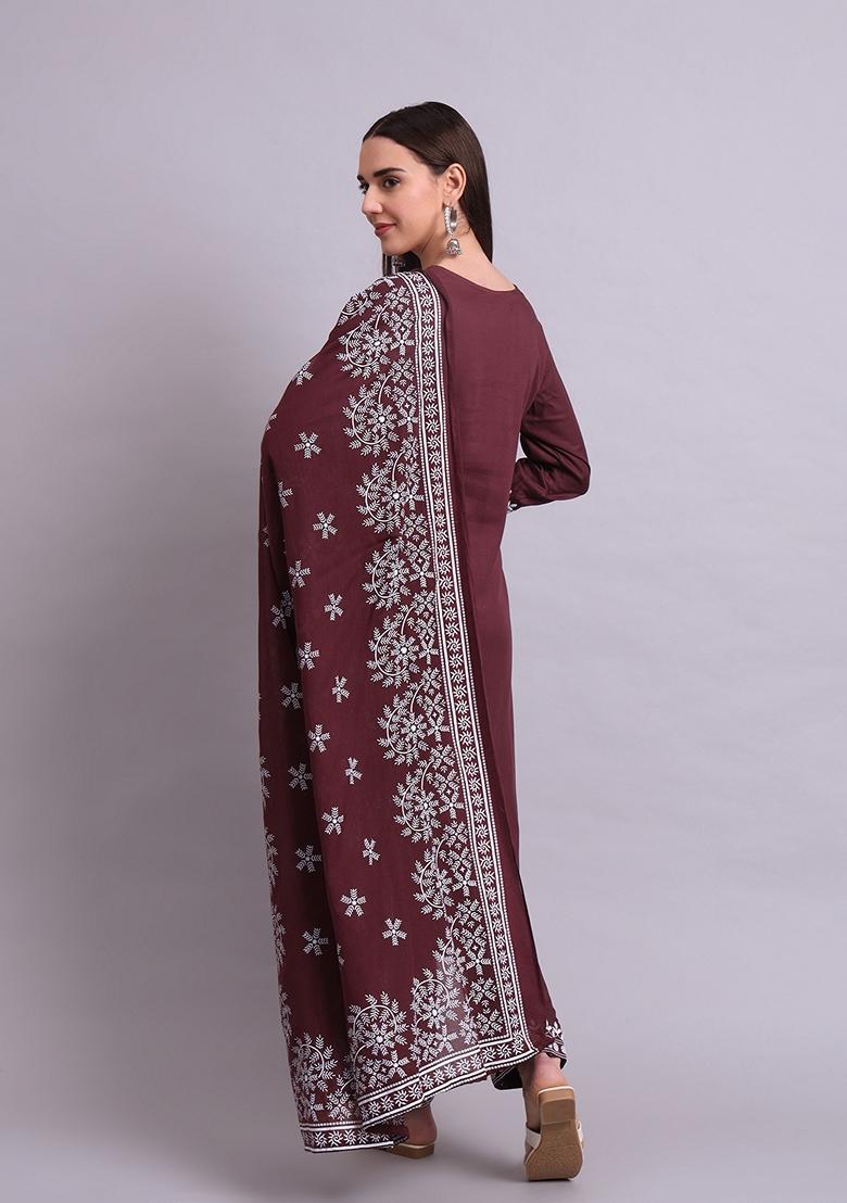 Brown Embroidered Cotton Salwar Kameez With Dupatta