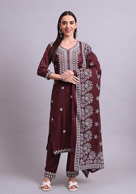 Brown Embroidered Cotton Salwar Kameez With Dupatta