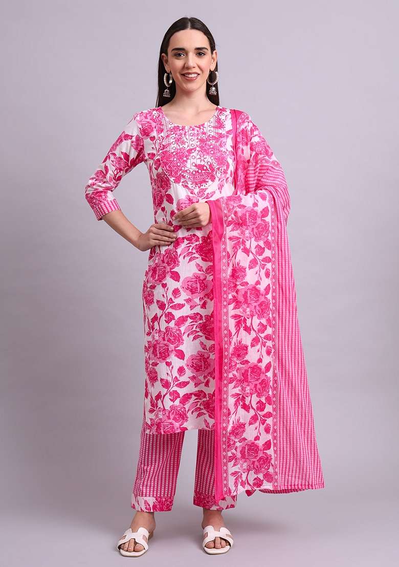 Pink Embroidered Cotton Salwar Kameez With Dupatta - Indya