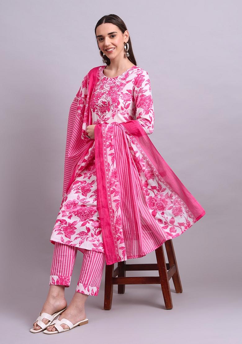Pink Embroidered Cotton Salwar Kameez With Dupatta