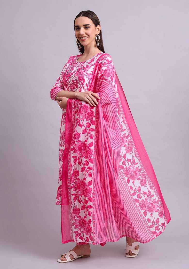 Pink Embroidered Cotton Salwar Kameez With Dupatta - Indya