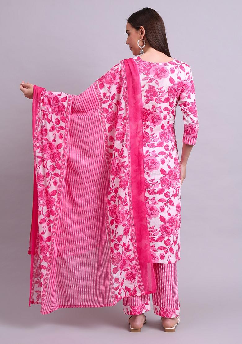 Pink Embroidered Cotton Salwar Kameez With Dupatta