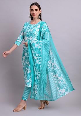 Green Embroidered Cotton Salwar Kameez With Dupatta