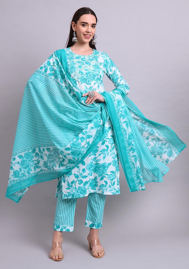 Green Embroidered Cotton Salwar Kameez With Dupatta