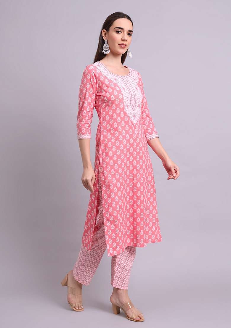Red Embroidered Cotton Salwar Kameez With Dupatta - Indya
