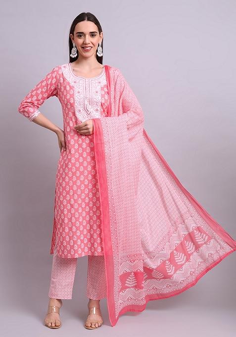 Red Embroidered Cotton Salwar Kameez With Dupatta