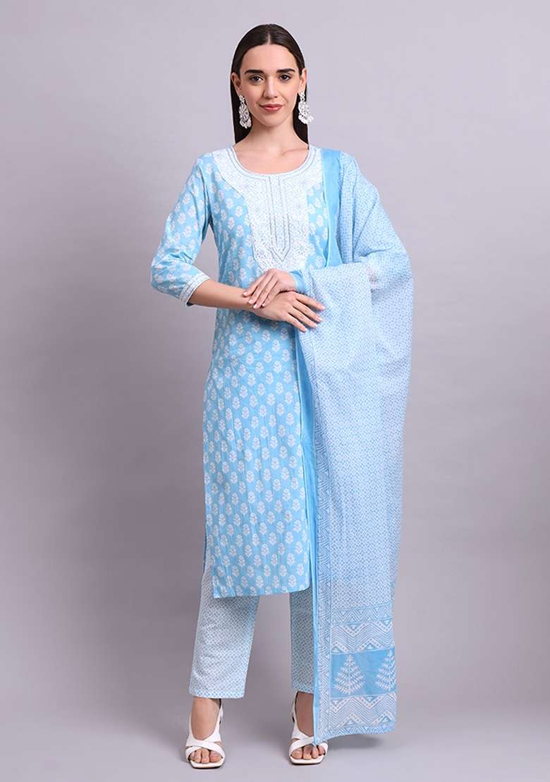 Sky Blue Embroidered Cotton Salwar Kameez With Dupatta - Indya