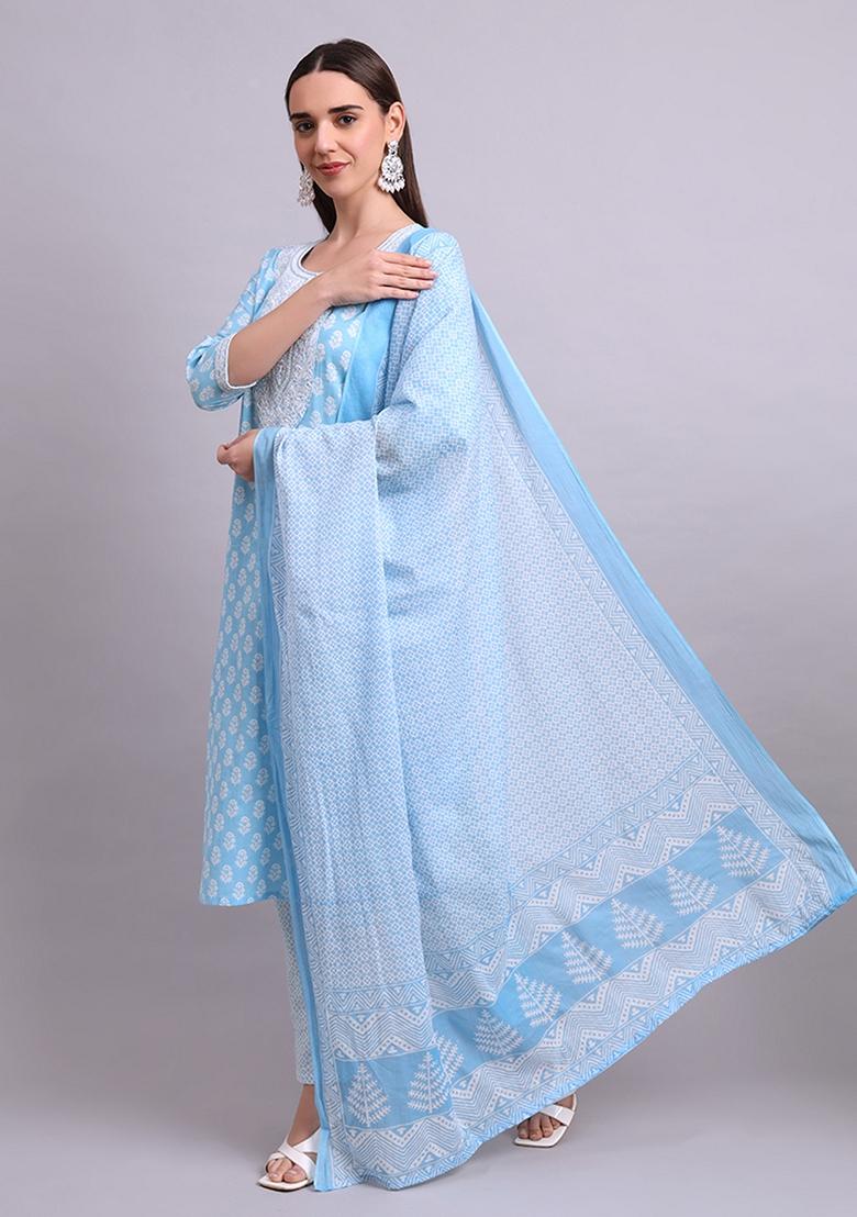 Sky Blue Embroidered Cotton Salwar Kameez With Dupatta