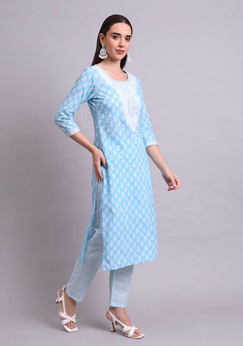 Sky Blue Embroidered Cotton Salwar Kameez With Dupatta - Indya