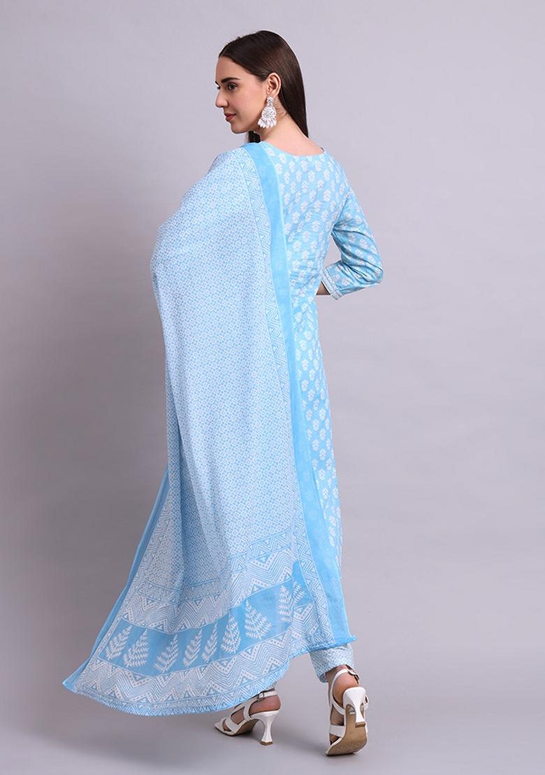 Sky Blue Embroidered Cotton Salwar Kameez With Dupatta