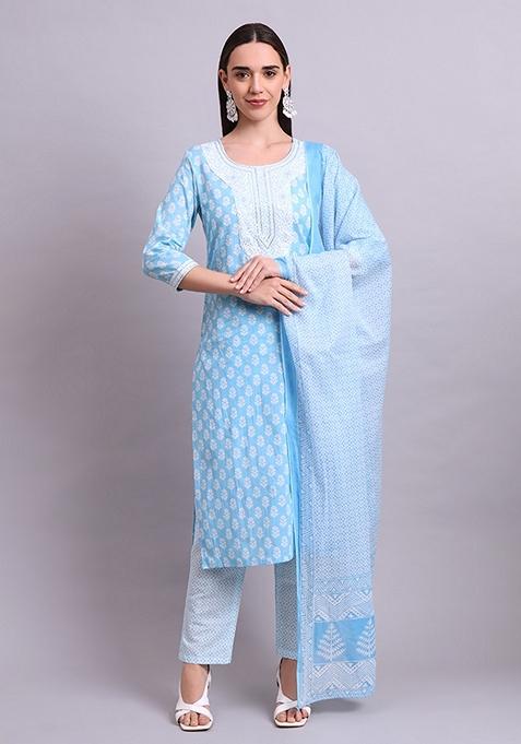 Sky Blue Embroidered Cotton Salwar Kameez With Dupatta