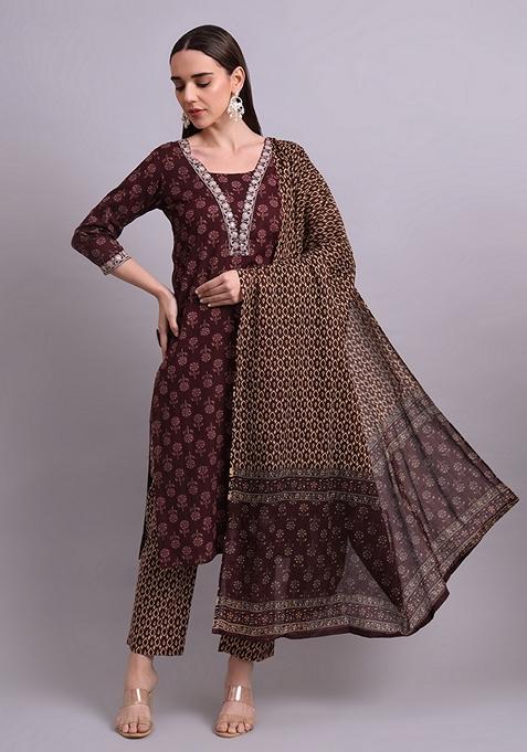 Black Embroidered Cotton Salwar Kameez With Dupatta