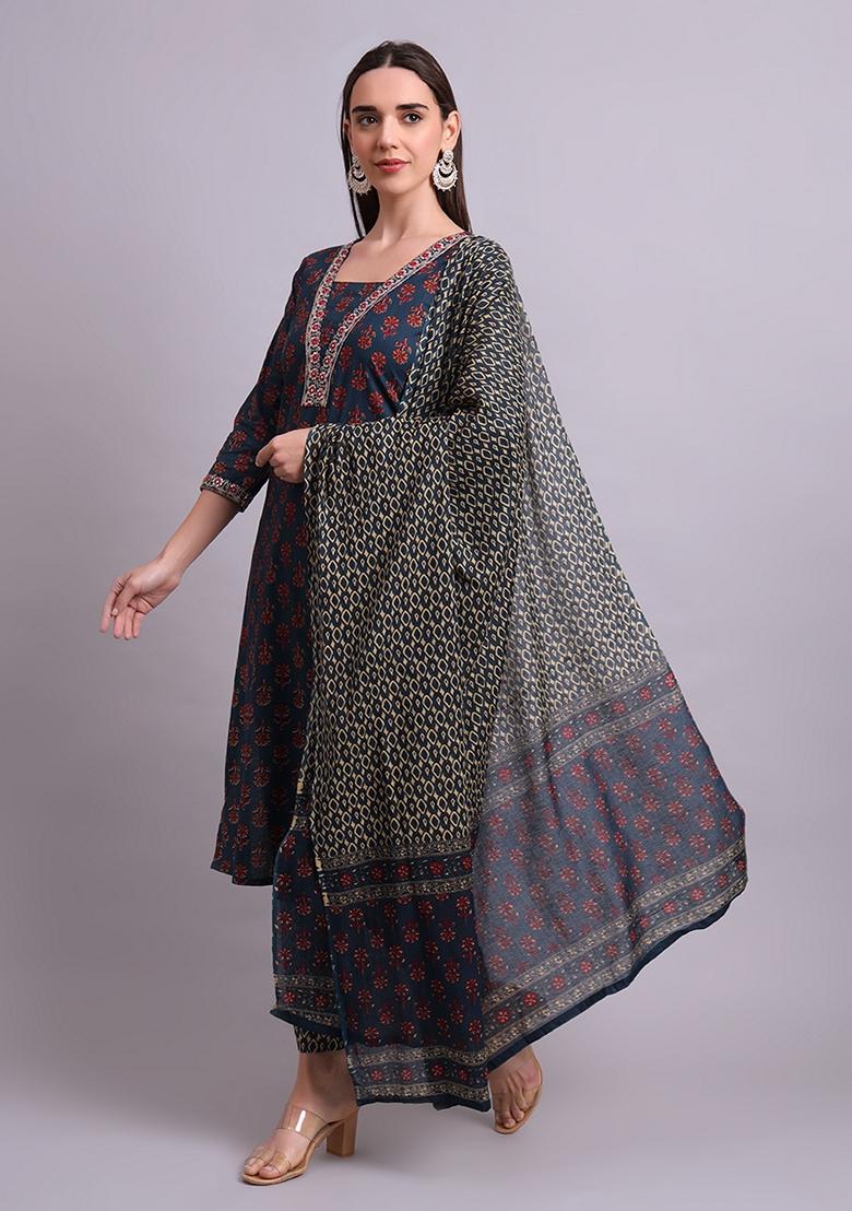 Blue Embroidered Cotton Salwar Kameez With Dupatta