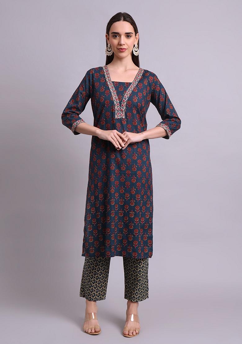 Blue Embroidered Cotton Salwar Kameez With Dupatta
