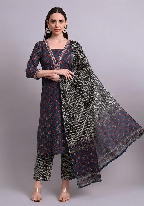 Blue Embroidered Cotton Salwar Kameez With Dupatta