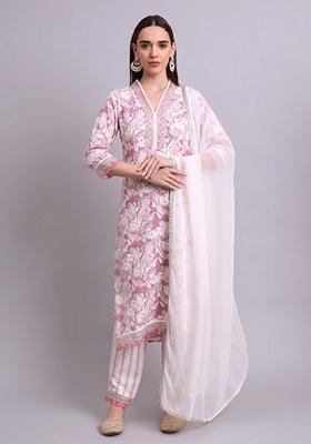Off White Embroidered Cotton Salwar Kameez With Dupatta