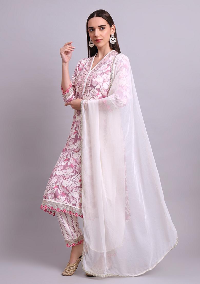Off White Embroidered Cotton Salwar Kameez With Dupatta