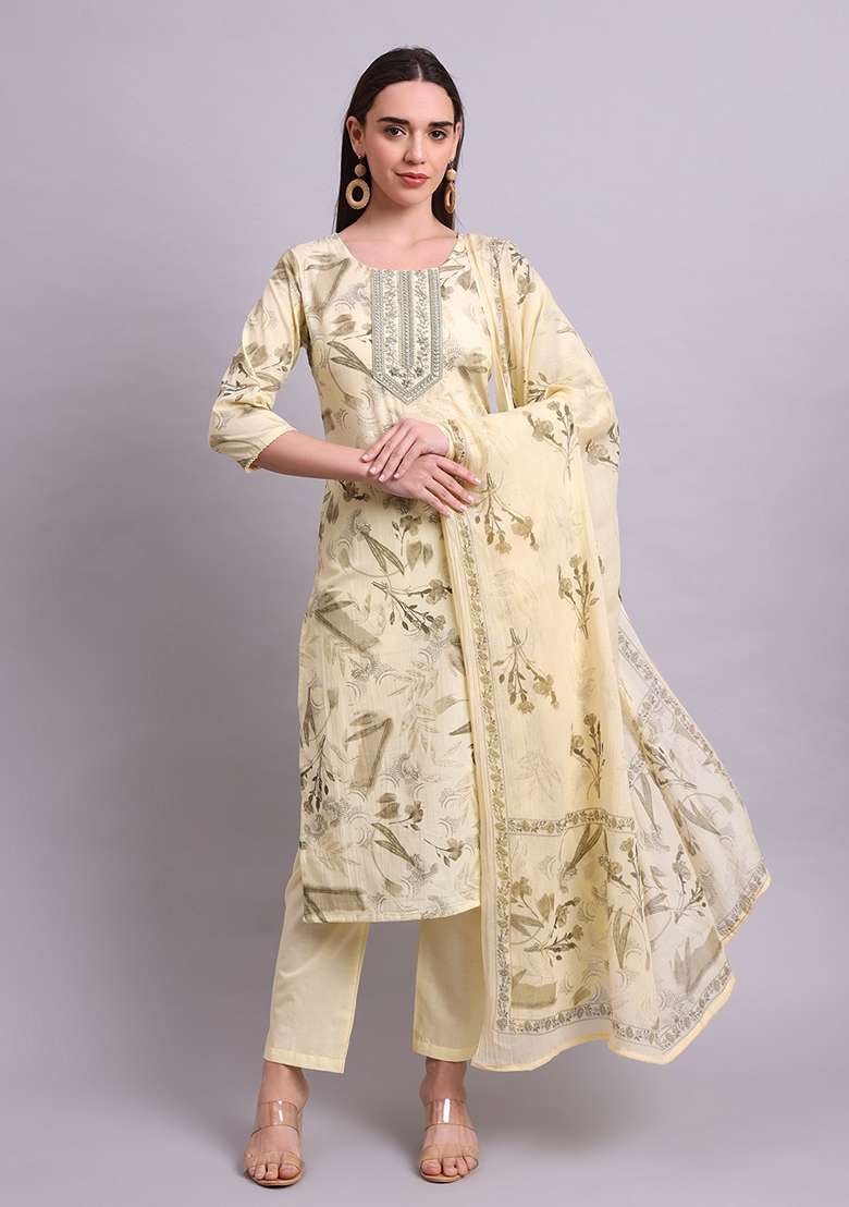 Beige Embroidered Cotton Salwar Kameez With Dupatta - Indya