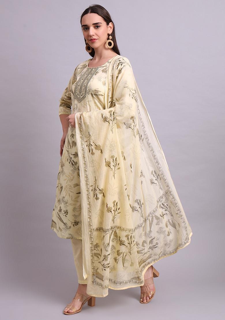 Beige Embroidered Cotton Salwar Kameez With Dupatta