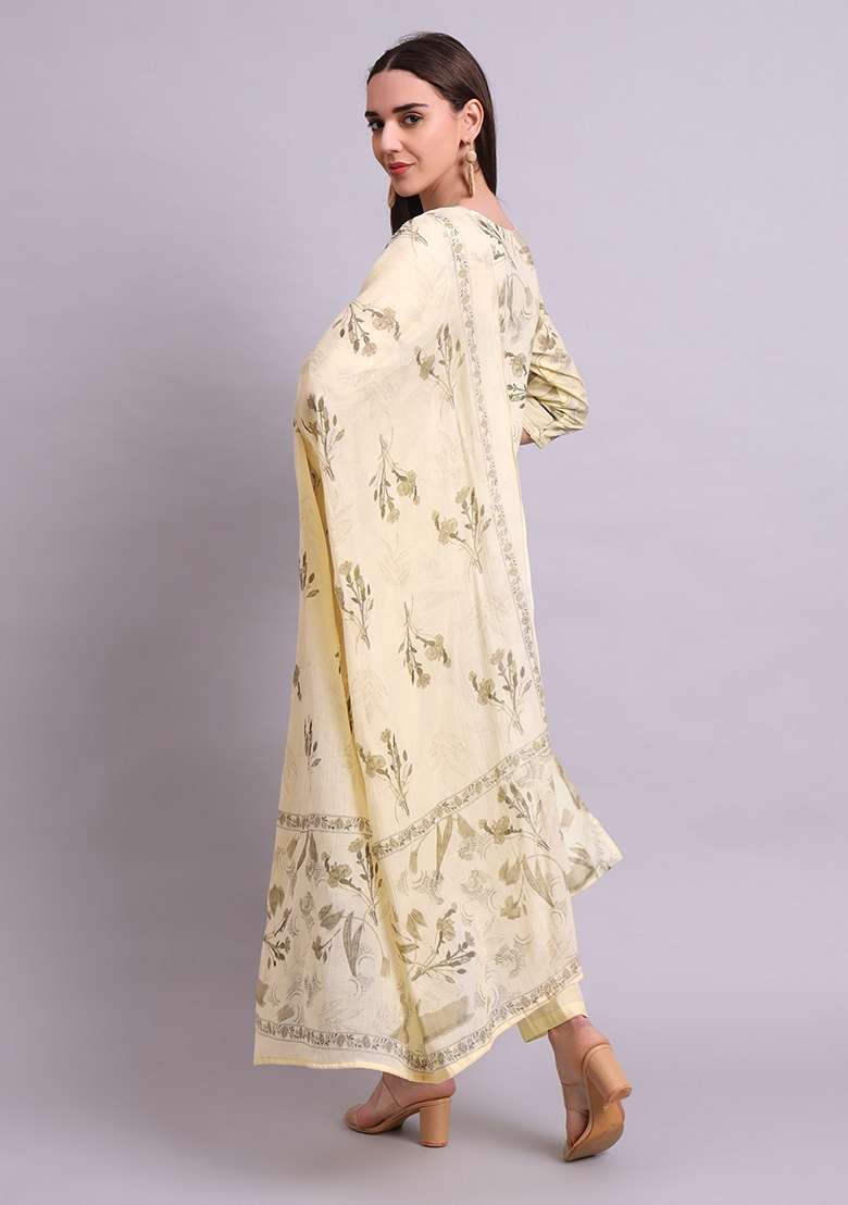 Beige Embroidered Cotton Salwar Kameez With Dupatta - Indya