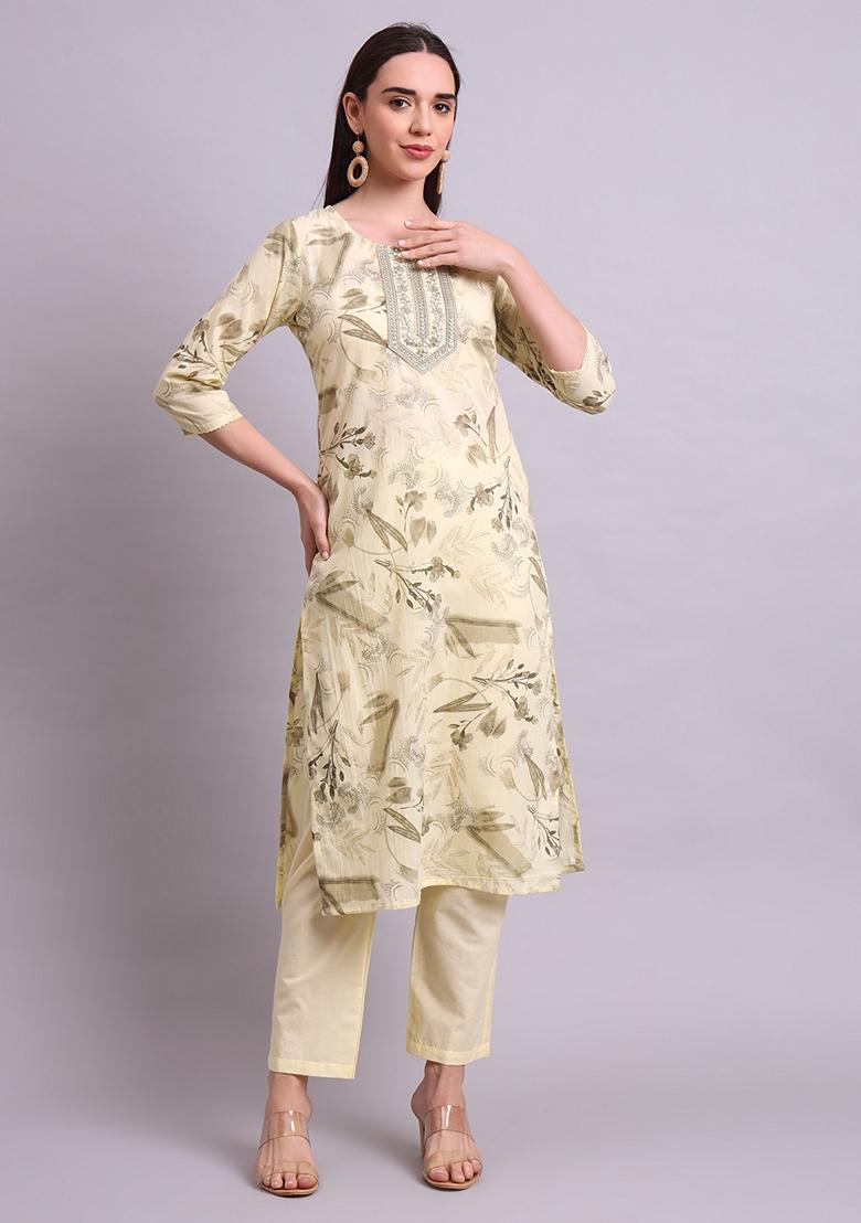 Beige Embroidered Cotton Salwar Kameez With Dupatta