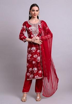 Maroon Embroidered Cotton Salwar Kameez With Dupatta