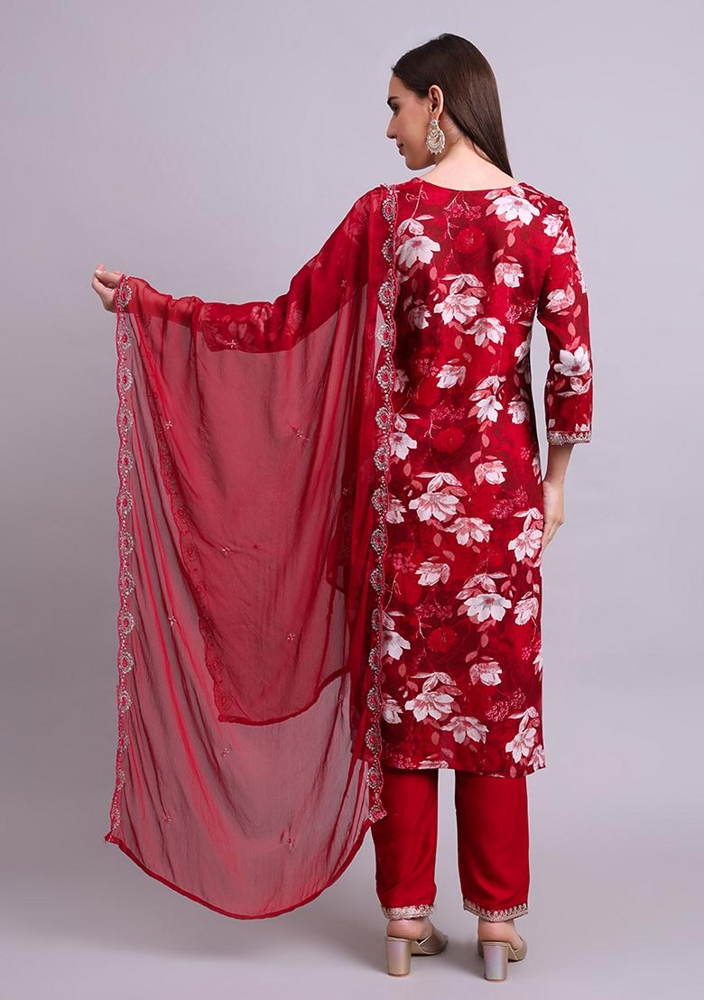 Maroon Embroidered Cotton Salwar Kameez With Dupatta