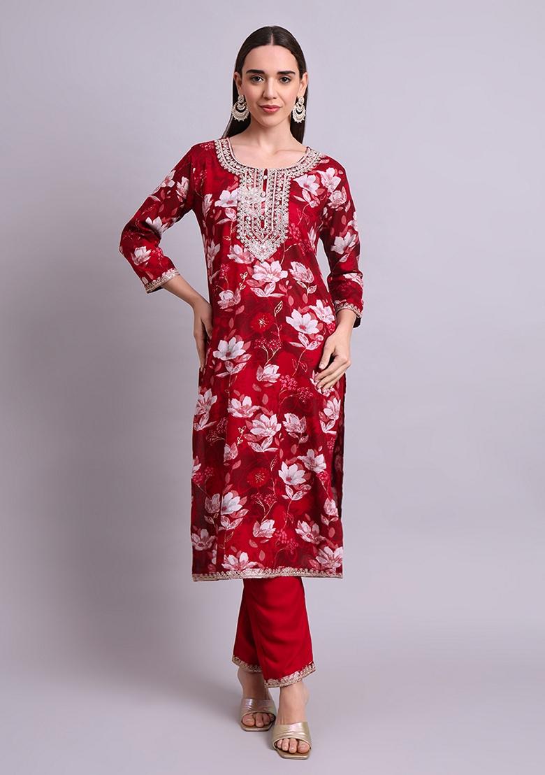 Maroon Embroidered Cotton Salwar Kameez With Dupatta