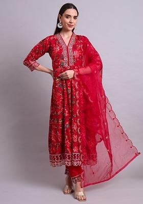 Maroon Embroidered Cotton Anarkali Set With Dupatta