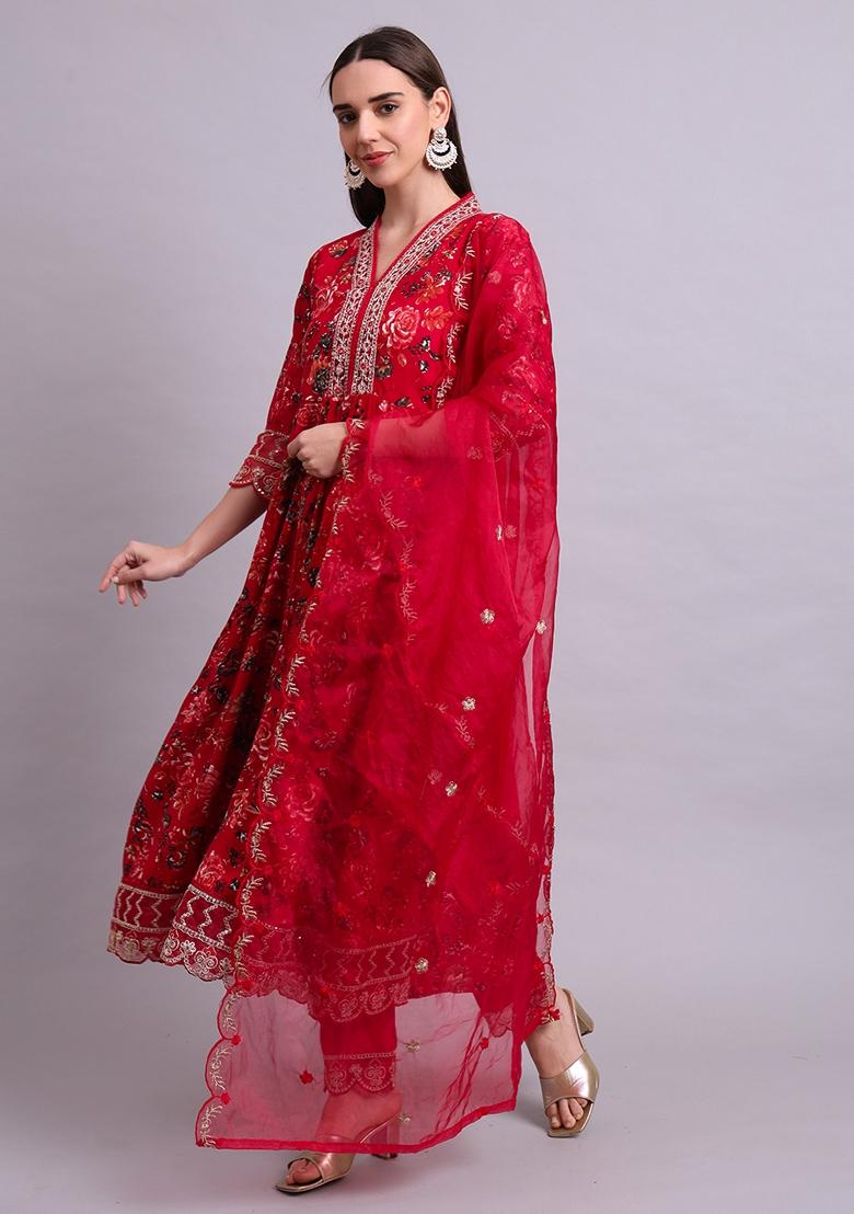 Maroon Embroidered Cotton Anarkali Set With Dupatta