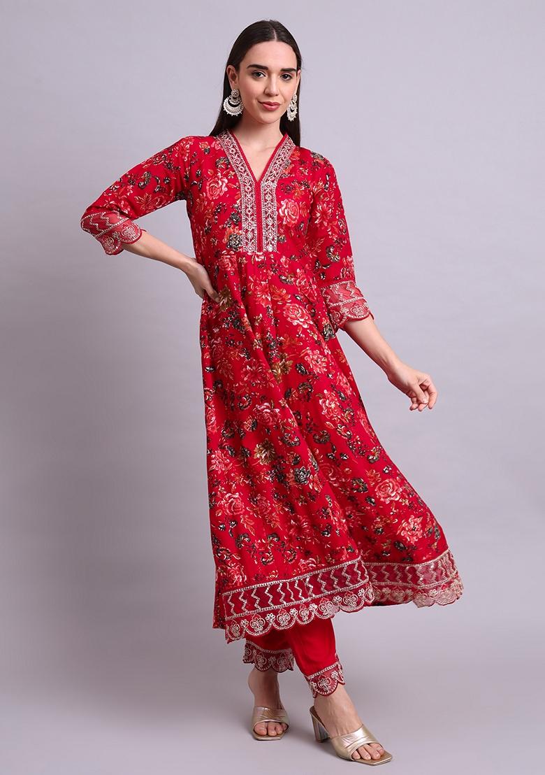 Maroon Embroidered Cotton Anarkali Set With Dupatta