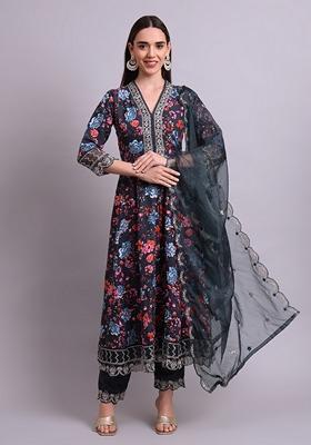 Black Embroidered Cotton Anarkali Set With Dupatta