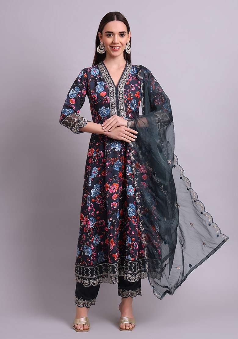 Black Embroidered Cotton Anarkali With Dupatta - Indya