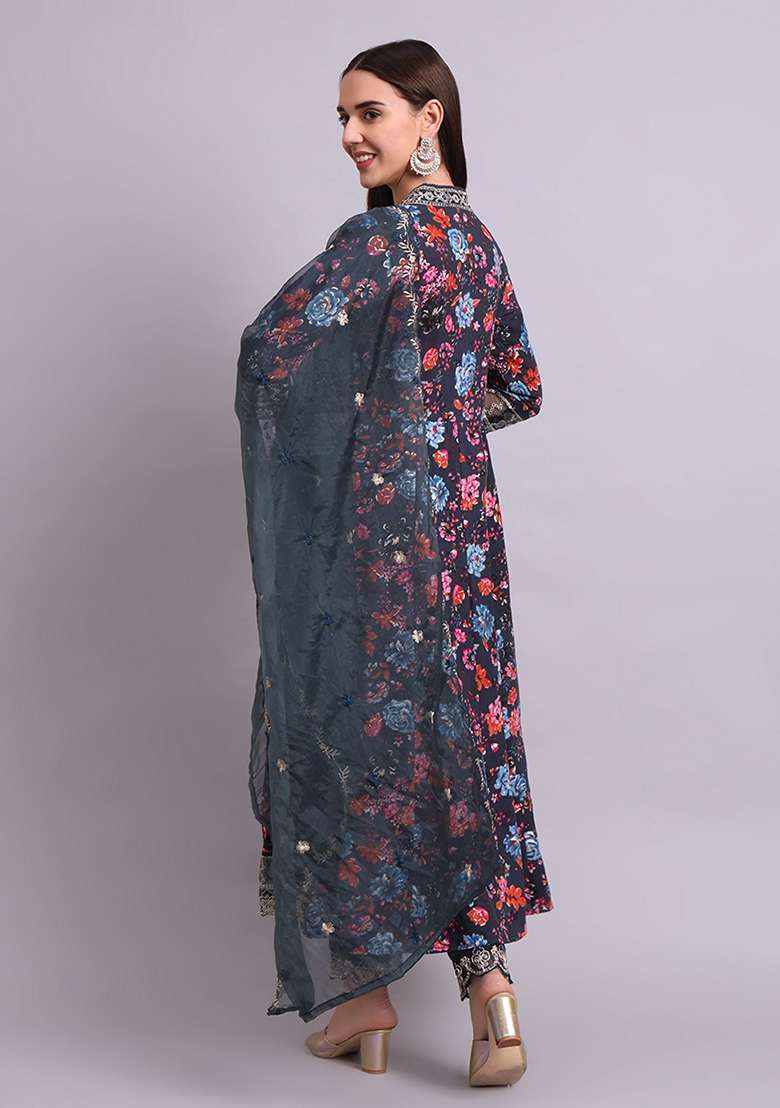 Black Embroidered Cotton Anarkali With Dupatta - Indya