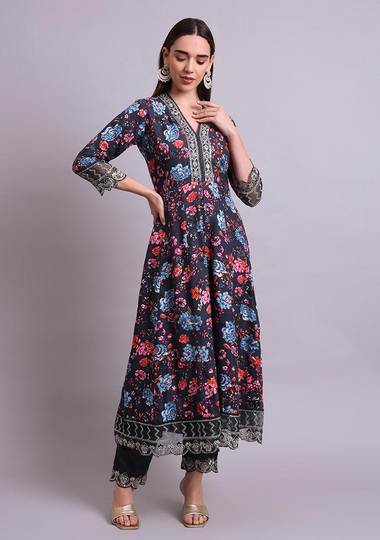 Black Embroidered Cotton Anarkali Set With Dupatta