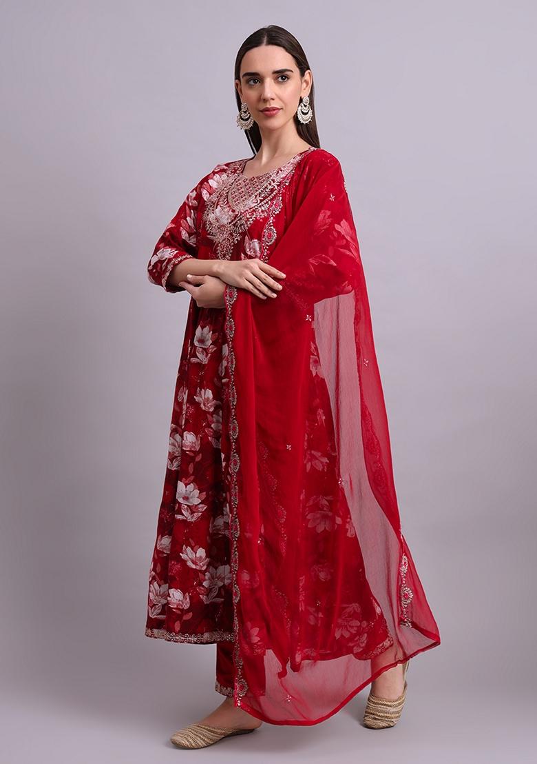 Maroon Embroidered Cotton Anarkali Set With Dupatta