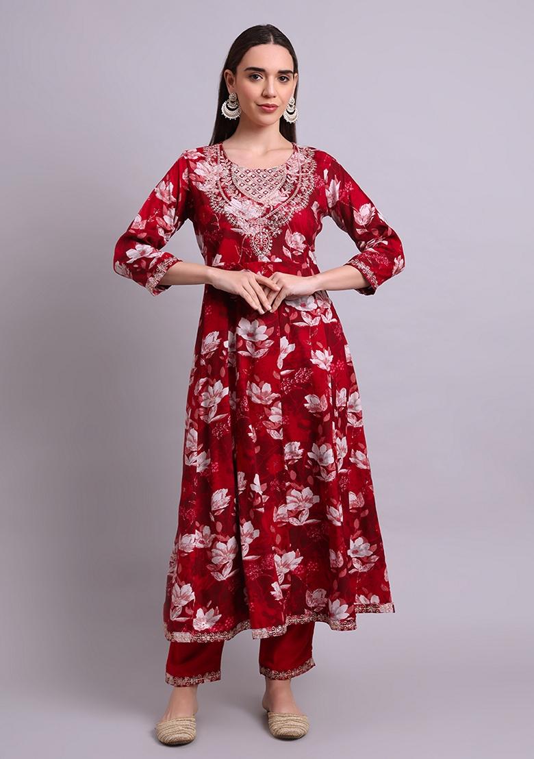 Maroon Embroidered Cotton Anarkali Set With Dupatta