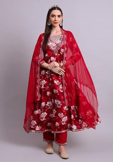 Maroon Embroidered Cotton Anarkali Set With Dupatta