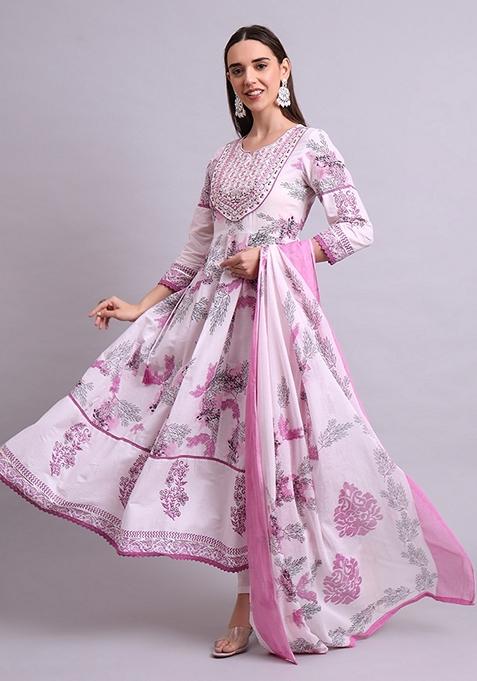 Pink Embroidered Cotton Anarkali Set With Dupatta