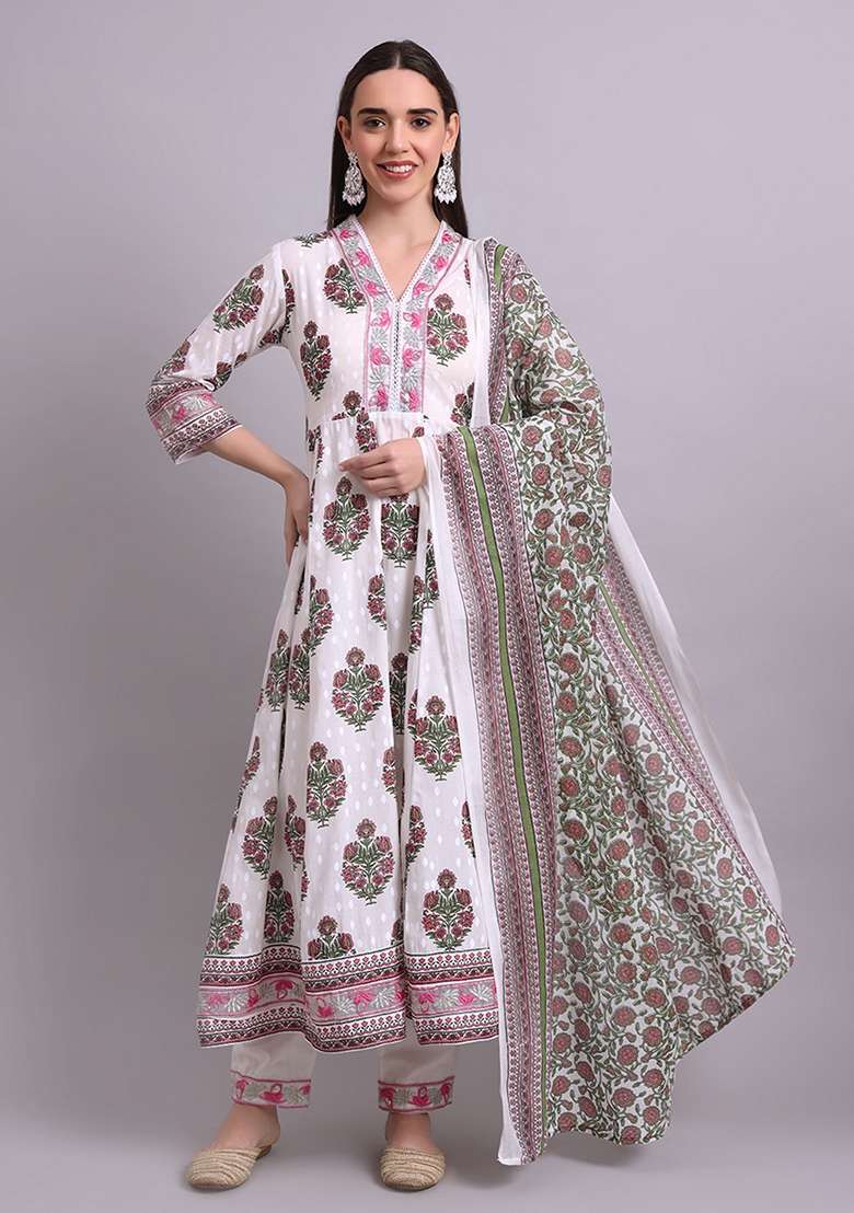 Off White Embroidered Cotton Anarkali With Dupatta - Indya